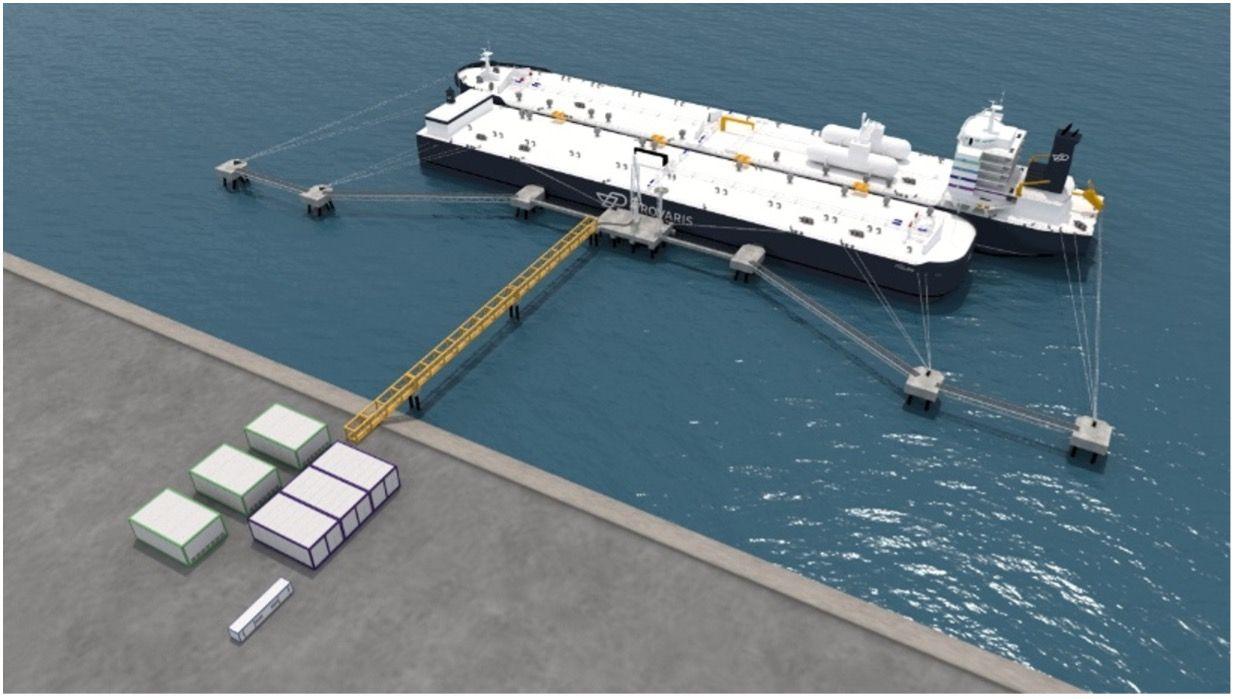 Illustration of a Provaris’ H2Neo Carrier and conceptual Compressed H2 Floating Storage solution suitable for export and import use cases.